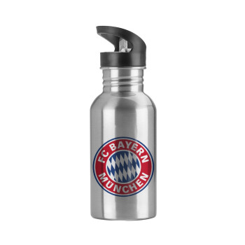 FC Bayern Munich, Παγούρι ποδηλάτου Ασημένιο με καλαμάκι, ανοξείδωτο ατσάλι 600ml