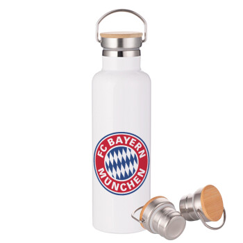 FC Bayern Munich, Μεταλλικό παγούρι θερμός (Stainless steel) Λευκό με ξύλινο καπάκι (bamboo), διπλού τοιχώματος, 750ml