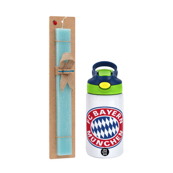 FC Bayern Munich, Easter Set, Children's thermal stainless steel bottle with safety straw, green/blue (350ml) & aromatic flat Easter candle (30cm) (TURQUOISE)