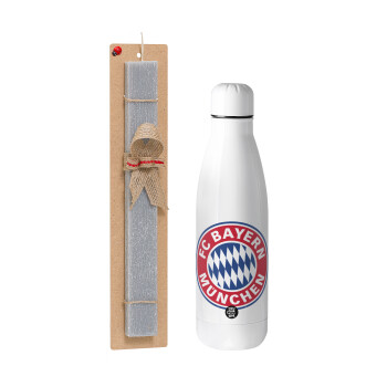 FC Bayern Munich, Easter Set, metallic stainless thermos bottle (500ml) & scented flat Easter candle (30cm) (GRAY)