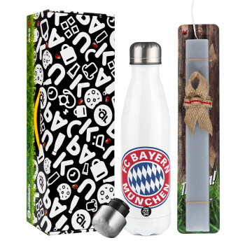 FC Bayern Munich, Easter candle, metallic white thermos bottle (500ml) & aromatic flat candle (30cm) (GRAY)