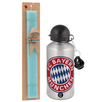 FC Bayern Munich, Easter Set, metallic silver aluminum water bottle (500ml) & scented flat Easter candle (30cm) (TURQUOISE)