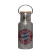 Stainless steel metallic thermos flask, silver with a bamboo lid, double-walled, 350ml.