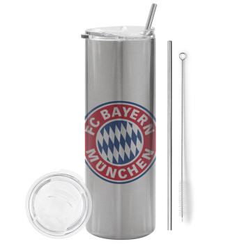 FC Bayern Munich, Eco friendly ποτήρι θερμό Ασημένιο (tumbler) από ανοξείδωτο ατσάλι 600ml, με μεταλλικό καλαμάκι & βούρτσα καθαρισμού