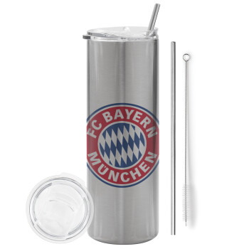FC Bayern Munich, Tumbler ποτήρι θερμό Ασημένιο από ανοξείδωτο ατσάλι 600ml, με μεταλλικό καλαμάκι & βούρτσα καθαρισμού