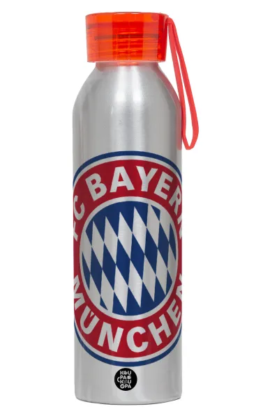 FC Bayern Munich — Aluminum Sports Bottle 650ml – Silver with Red Cap and Silicone Strap