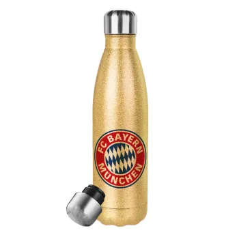 FC Bayern Munich, Μεταλλικό παγούρι θερμός Glitter χρυσό (Stainless steel), διπλού τοιχώματος, 500ml