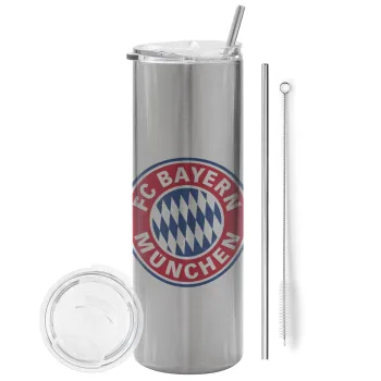 FC Bayern Munich, Tumbler ποτήρι θερμό Ασημένιο από ανοξείδωτο ατσάλι 600ml, με μεταλλικό καλαμάκι & βούρτσα καθαρισμού