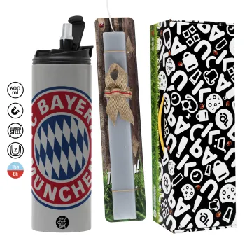 FC Bayern Munich, Easter candle with Grey Tumbler Thermo 600ml & aromatic flat candle (30cm) (GREY)