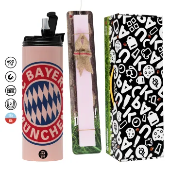 FC Bayern Munich, Πασχαλινή Λαμπάδα με  ΡΟΖ Travel Tumbler θερμό (600ml, BPA free) & κερί αρωματικό πλακέ (30cm) (ΡΟΖ)