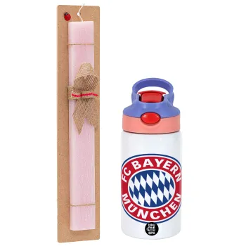 FC Bayern Munich, Easter Set, Children's thermal stainless steel water bottle with safety straw, pink/purple (350ml) & Easter scented flat candle (30cm) (PINK)