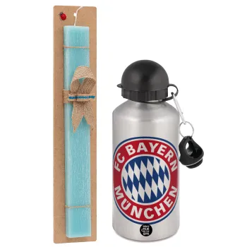 FC Bayern Munich, Easter Set, metallic silver aluminum water bottle (500ml) & scented flat Easter candle (30cm) (TURQUOISE)