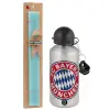Easter Set, metallic silver aluminum water bottle (500ml) & scented flat Easter candle (30cm) (TURQUOISE)