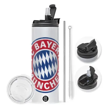 FC Bayern Munich, Travel Tumbler θερμό με διπλό καπάκι, μεταλλικό καλαμάκι και βούρτσα καθαρισμού (Ανωξείδωτο 304 Food grade, BPA free, 600ml)