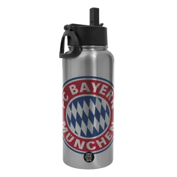 FC Bayern Munich, Μεταλλικό παγούρι θερμός Silver με καλαμάκι και χερούλι (Stainless steel), διπλού τοιχώματος, 950ml