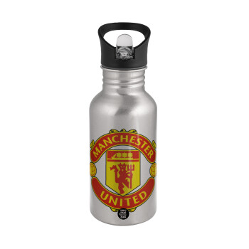 Manchester United F.C., Water bottle Silver with straw, stainless steel 500ml