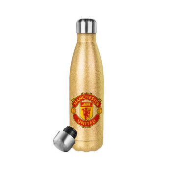 Manchester United F.C., Μεταλλικό παγούρι θερμός Glitter χρυσό (Stainless steel), διπλού τοιχώματος, 500ml