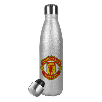 Manchester United F.C., Μεταλλικό παγούρι θερμός Glitter Aσημένιο (Stainless steel), διπλού τοιχώματος, 500ml