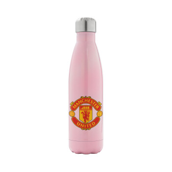 Manchester United F.C., Μεταλλικό παγούρι θερμός Ροζ Ιριδίζον (Stainless steel), διπλού τοιχώματος, 500ml