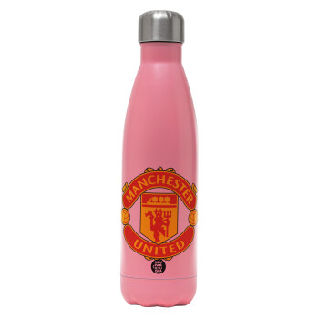 Manchester United F.C., Μεταλλικό παγούρι θερμός Ροζ Ματ (Stainless steel), διπλού τοιχώματος, 500ml