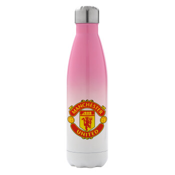 Manchester United F.C., Μεταλλικό παγούρι θερμός Ροζ/Λευκό (Stainless steel), διπλού τοιχώματος, 500ml