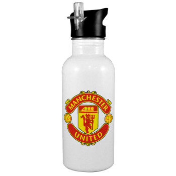 Manchester United F.C., Παγούρι νερού Λευκό με καλαμάκι, ανοξείδωτο ατσάλι 600ml