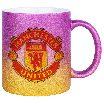 Manchester United F.C., Κούπα Χρυσή/Ροζ Glitter, κεραμική, 330ml