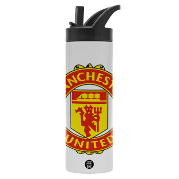 Manchester United F.C., Μεταλλικό παγούρι θερμός με καλαμάκι & χειρολαβή, ανοξείδωτο ατσάλι (Stainless steel 304), διπλού τοιχώματος, 600ml