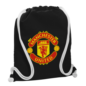 Manchester United F.C., Τσάντα πλάτης πουγκί GYMBAG Μαύρη, με τσέπη (40x48cm) & χονδρά λευκά κορδόνια