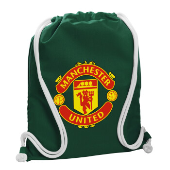 Manchester United F.C., Τσάντα πλάτης πουγκί GYMBAG BOTTLE GREEN, με τσέπη (40x48cm) & χονδρά λευκά κορδόνια