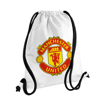 Manchester United F.C., Τσάντα πλάτης πουγκί GYMBAG λευκή, με τσέπη (40x48cm) & χονδρά κορδόνια