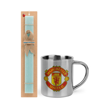 Manchester United F.C., Easter Set, metallic thermal cup (300ml) & aromatic flat Easter candle (30cm) (TURQUOISE)