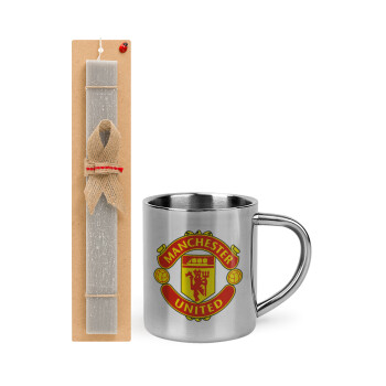 Manchester United F.C., Πασχαλινό Σετ, μεταλλική κούπα θερμό (300ml) & πασχαλινή λαμπάδα αρωματική πλακέ (30cm) (ΓΚΡΙ)