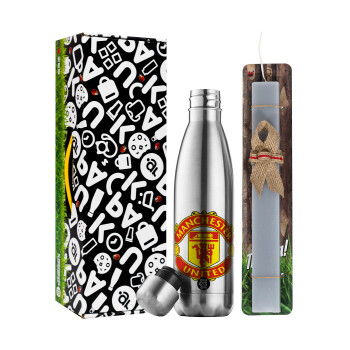 Manchester United F.C., Easter Set, metallic stainless thermos flask (500ml) & scented flat Easter candle (30cm) (GRAY)