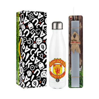 Manchester United F.C., Easter candle, metallic white thermos bottle (500ml) & aromatic flat candle (30cm) (GRAY)