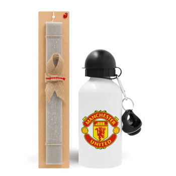 Manchester United F.C., Πασχαλινό Σετ, παγούρι μεταλλικό  αλουμινίου (500ml) & πασχαλινή λαμπάδα αρωματική πλακέ (30cm) (ΓΚΡΙ)