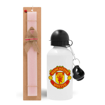 Manchester United F.C., Πασχαλινό Σετ, παγούρι μεταλλικό αλουμινίου (500ml) & πασχαλινή λαμπάδα αρωματική πλακέ (30cm) (ΡΟΖ)