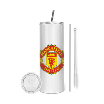 Manchester United F.C., Eco friendly ποτήρι θερμό (tumbler) από ανοξείδωτο ατσάλι 600ml, με μεταλλικό καλαμάκι & βούρτσα καθαρισμού