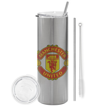 Manchester United F.C., Eco friendly ποτήρι θερμό Ασημένιο (tumbler) από ανοξείδωτο ατσάλι 600ml, με μεταλλικό καλαμάκι & βούρτσα καθαρισμού