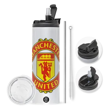 Manchester United F.C., Travel Tumbler 2 Lids, with metal straw & cleaning brush (Stainless steel 304 Food grade, BPA free, 600ml)