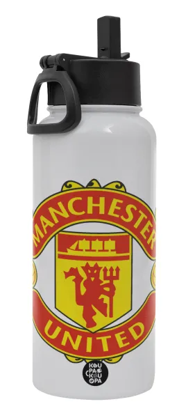 Manchester United F.C. — Μεταλλικό παγούρι θερμός Λευκό με καλαμάκι και χερούλι (Stainless steel), διπλού τοιχώματος, 950ml