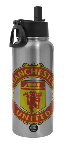 Manchester United F.C. — Μεταλλικό παγούρι θερμός Silver με καλαμάκι και χερούλι (Stainless steel), διπλού τοιχώματος, 950ml