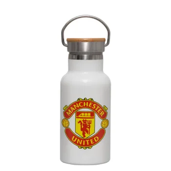 Manchester United F.C., Μεταλλικό παγούρι θερμός (Stainless steel) Λευκό με ξύλινο καπακι (bamboo), διπλού τοιχώματος, 350ml