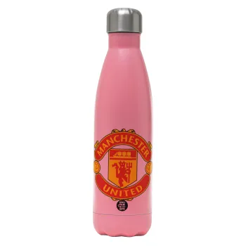 Manchester United F.C., Μεταλλικό παγούρι θερμός Ροζ Ματ (Stainless steel), διπλού τοιχώματος, 500ml