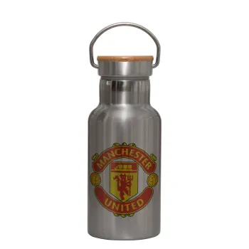 Manchester United F.C., Stainless steel metallic thermos flask, silver with a bamboo lid, double-walled, 350ml.