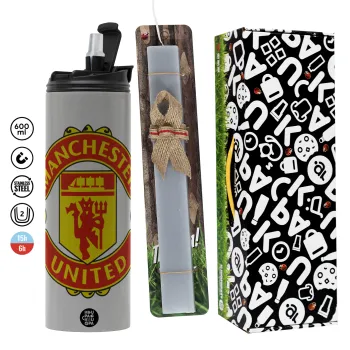 Manchester United F.C., Easter candle with Grey Tumbler Thermo 600ml & aromatic flat candle (30cm) (GREY)