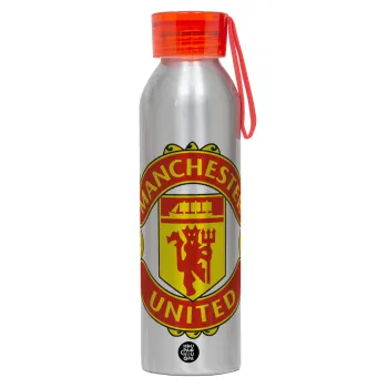 Manchester United F.C., Αλουμινένιο Αθλητικό Μπουκάλι 650ml – Ασημί με Κόκκινο Καπάκι και Λουράκι Σιλικόνης