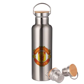 Manchester United F.C., Stainless steel Silver with wooden lid (bamboo), double wall, 750ml