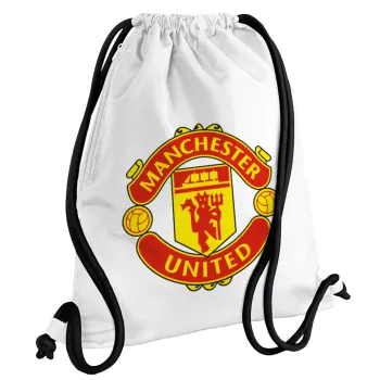 Manchester United F.C., Backpack pouch GYMBAG white, with pocket (40x48cm) & thick cords
