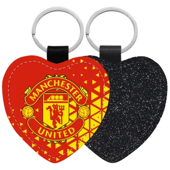Manchester United F.C., Μπρελόκ PU δερμάτινο glitter καρδιά ΜΑΥΡΟ